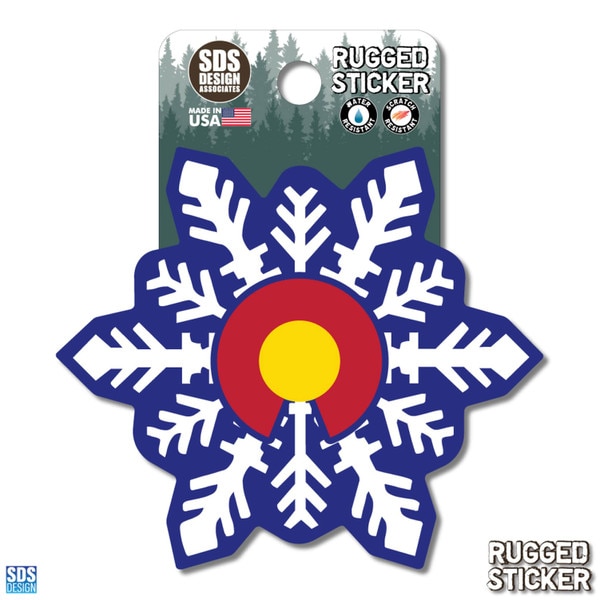 Rugged sticker shaped like a snowflake with the Colorado state flag design in blue, red, white, and yellow.